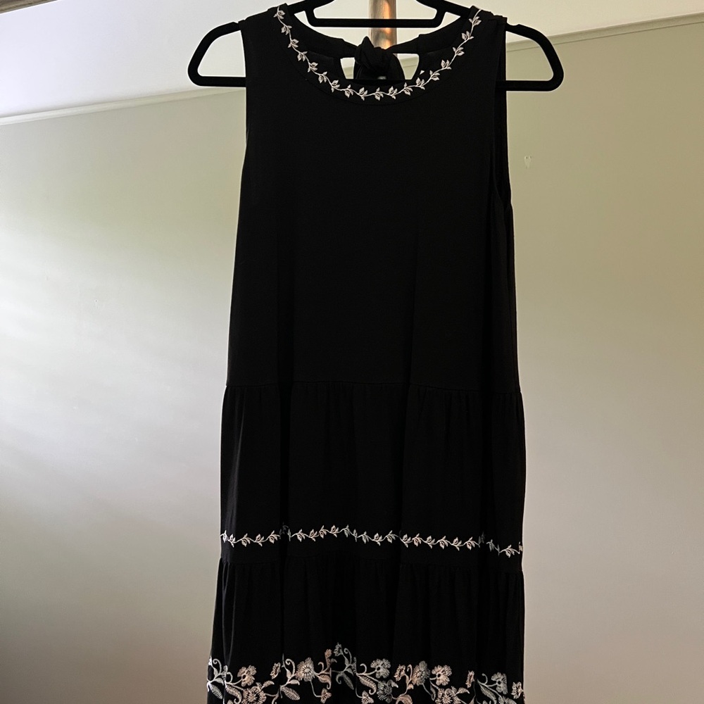 LOFT Black Midi Dress with White Embroidery